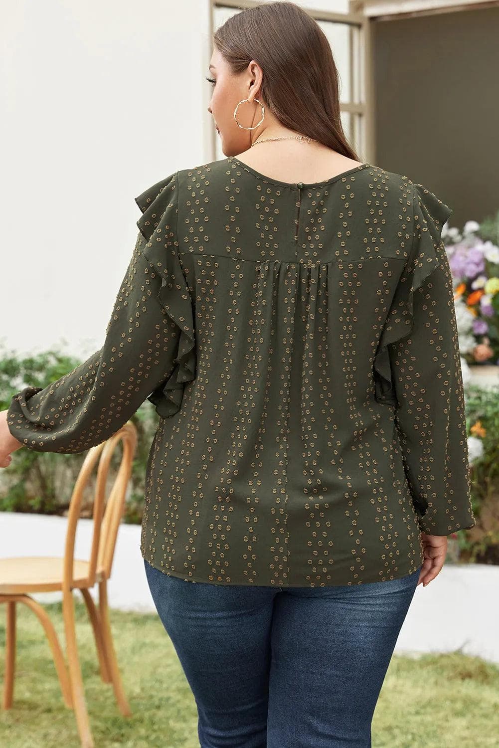 Plus Size/Plus Size Tops/Plus Size Blouses & Shirts Mist Green Plus Lace Swiss Dot Ruffle Long Sleeve Top