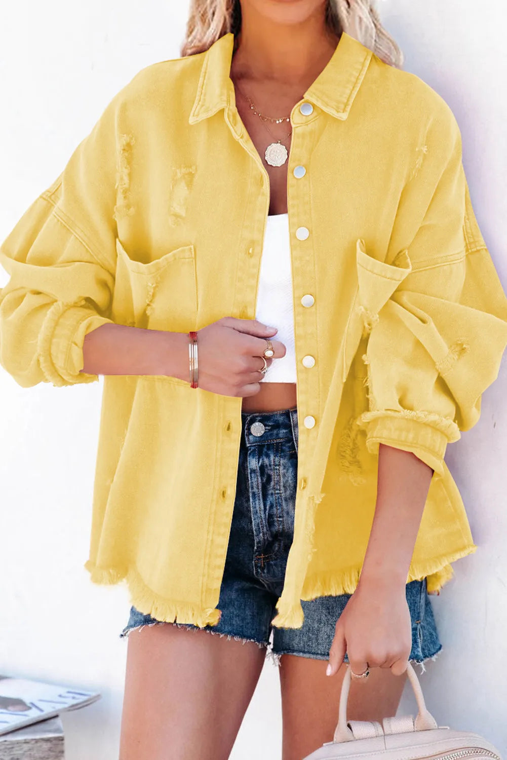 Yellow Distressed Fringe Trim Denim Jacket - Chic Meadow Boutique 