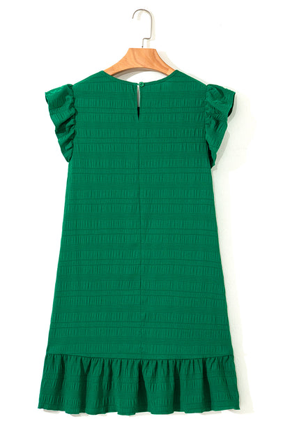 Dark Green Textured Flutter Sleeve Ruffled Mini Dress
