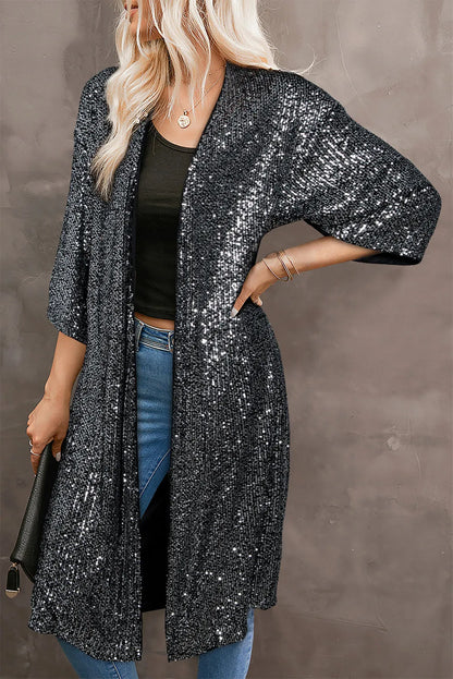 Silvery Sequin 3/4 Sleeve Kimono - Chic Meadow Boutique 