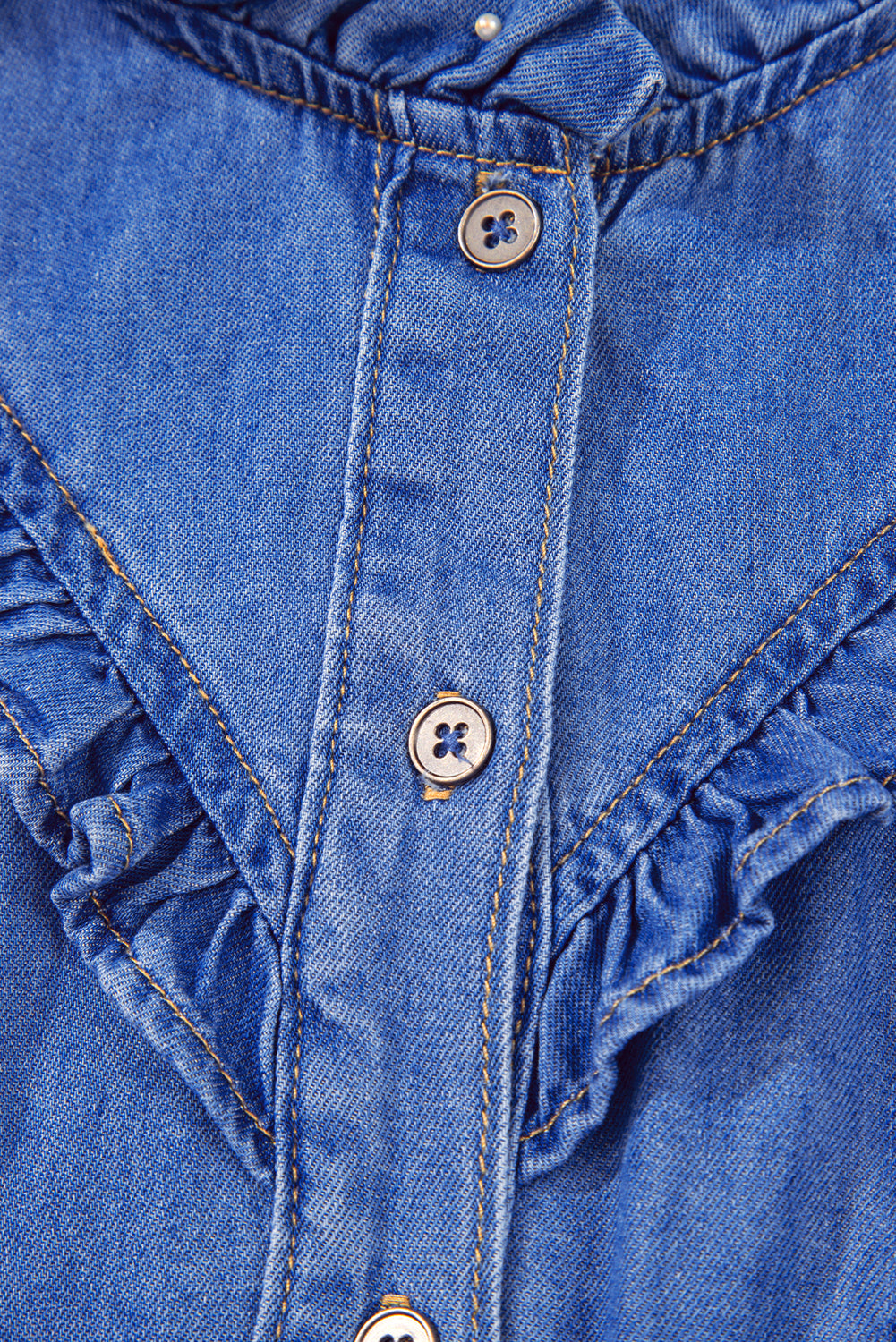 Sky Blue Mineral Wash Cap Sleeve Frilled Button Up Denim Shirt