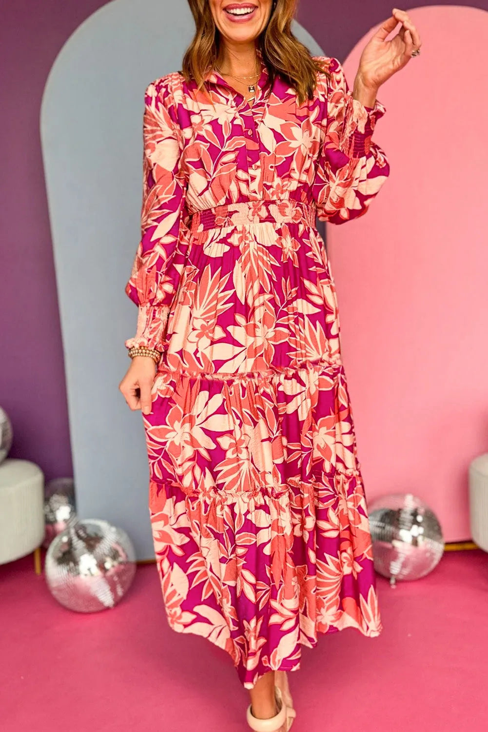 Rose Floral Print Buttoned Smocked High Waist Maxi Dress - Chic Meadow Boutique 