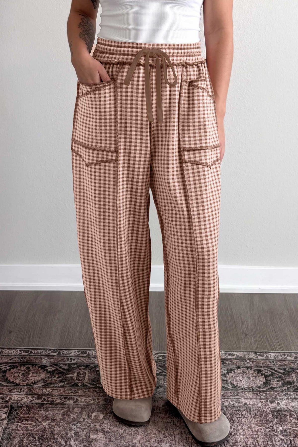 Brown Plaid Contrast Trim Drawstring Elastic Waist Shift Pants