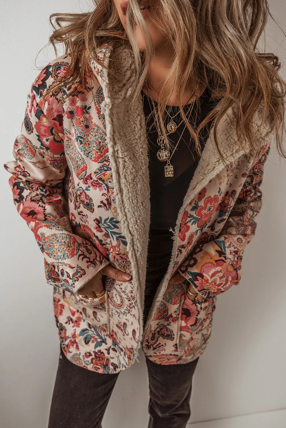 Beige Vintage Paisley Floral Printed Sherpa Lined Hooded Jacket - Chic Meadow Boutique 