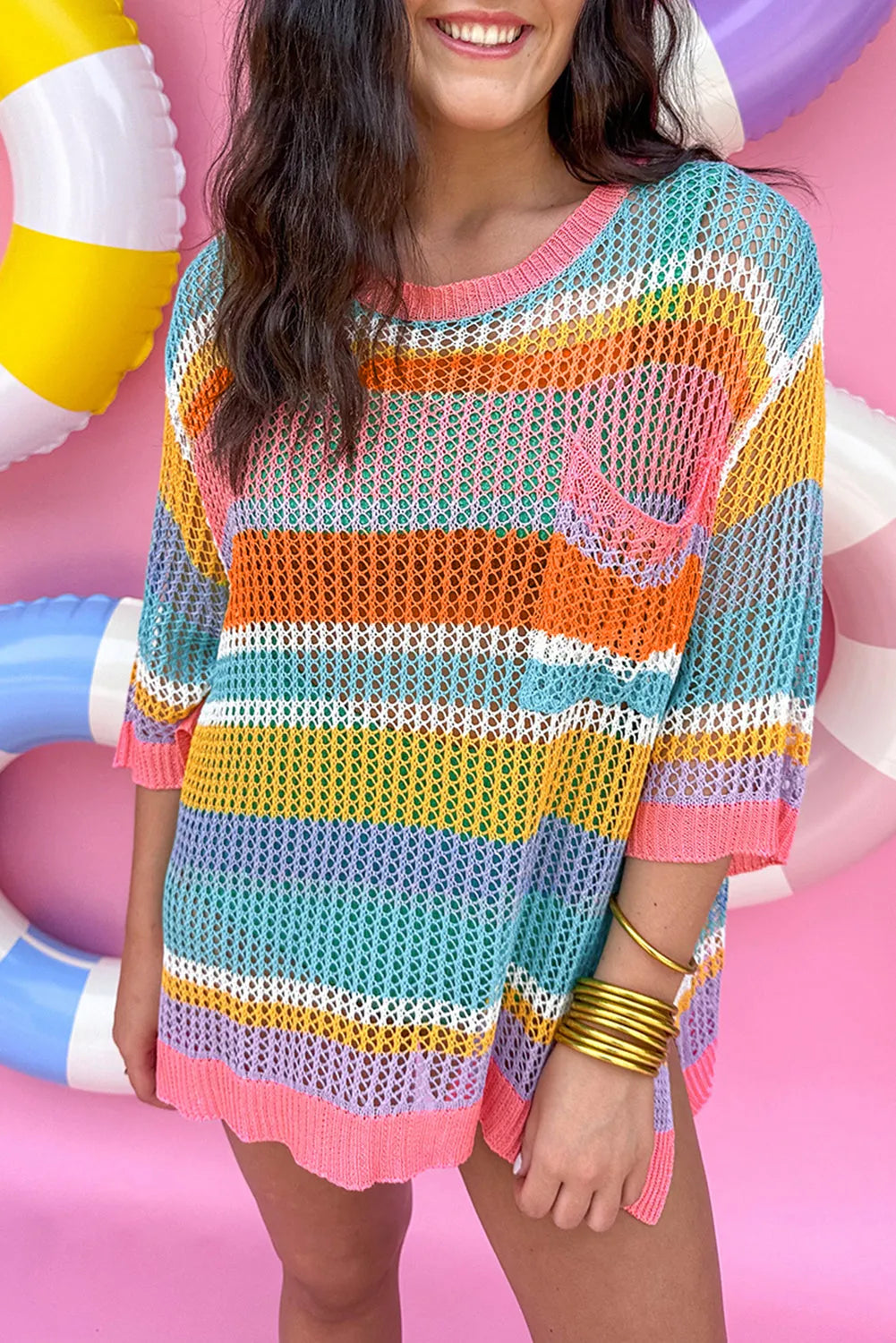 Pink Stripe Colorblock Hollowed Crochet 3/4 Sleeve Sweater - Chic Meadow Boutique 