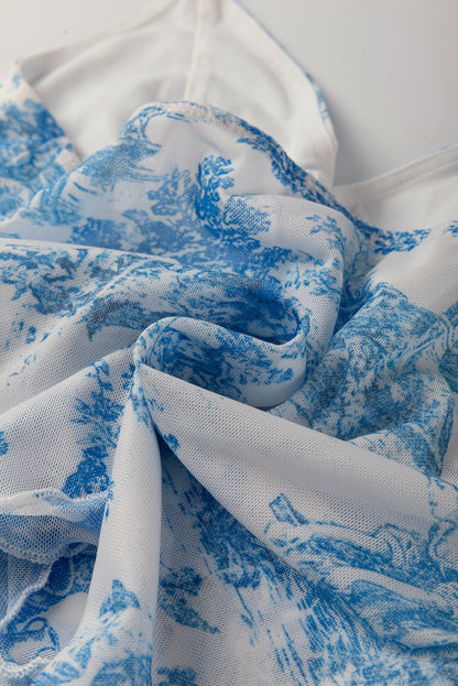 Sky Blue Random Printed Mesh Bow Detail Halterneck Tank Top