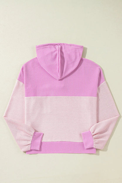 Light Pink Corded Colorblock Patch Pocket Drawstring Hoodie - Chic Meadow Boutique 