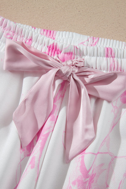 Pink Abstract Plant Print Long Sleeve V Neck Pant Set