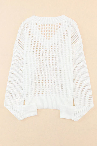 White Hollow Out Knitted Loose Fit V Neck Sweater - Chic Meadow Boutique 