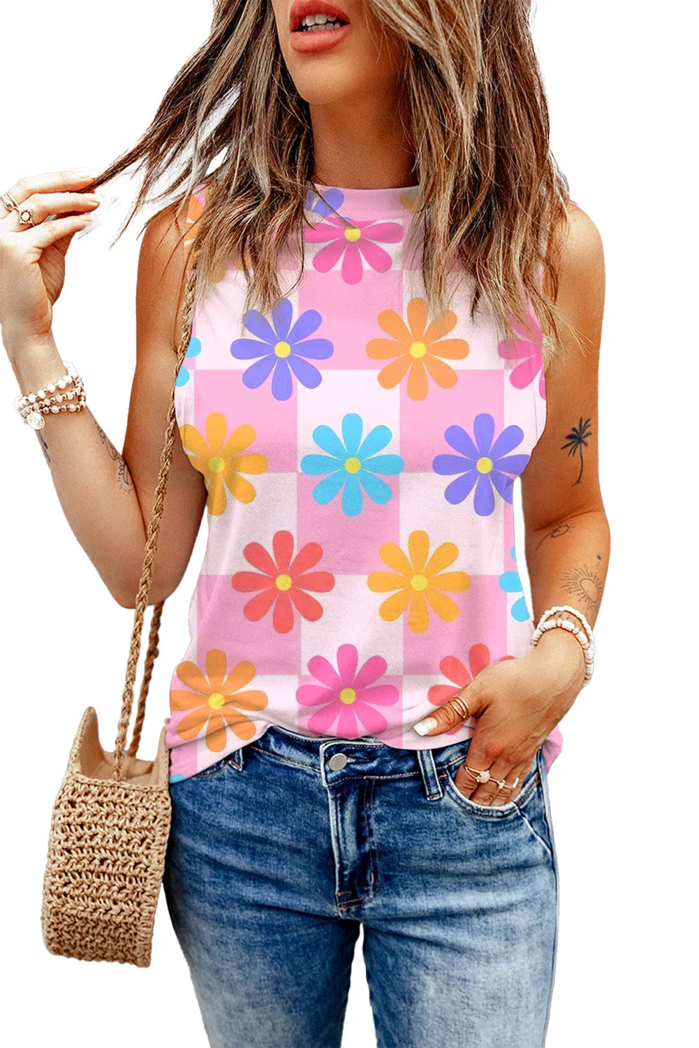 Pink Floral Print Round Neck Sleeveless Top - Chic Meadow Boutique 