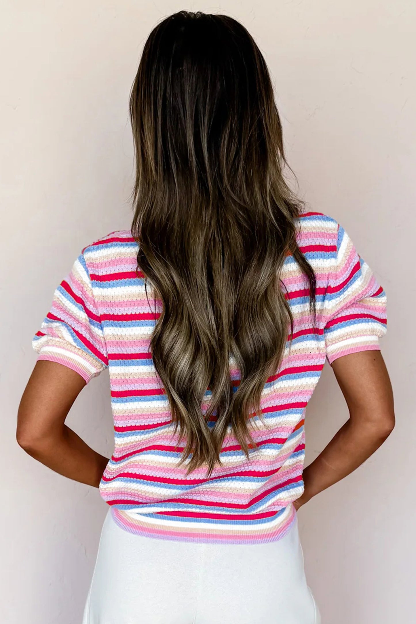 Multicolour Textured Stripes Knit Short Sleeve Sweater