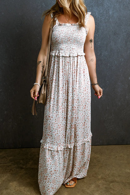 White Lace Frilly Straps Shirred Floral Maxi Dress - Chic Meadow Boutique 