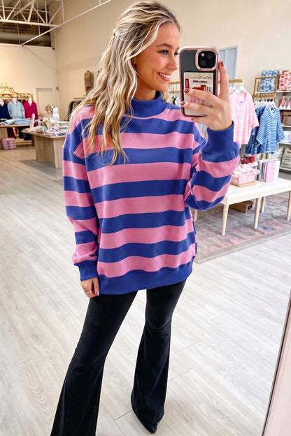 Rose Stripe Colorblock Mock Neck Relaxed Sweatshirt