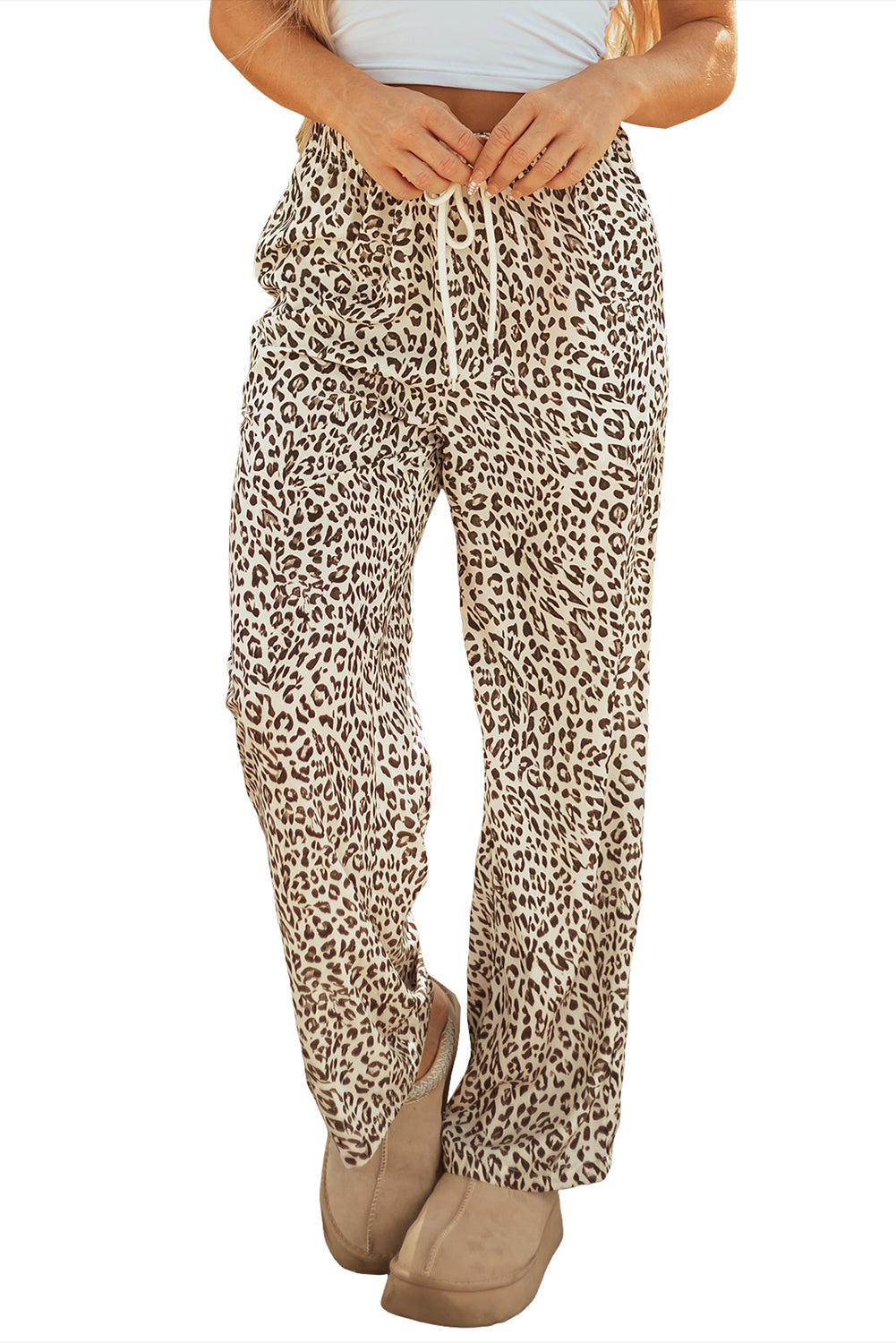 Brown Leopard Drawstring Elastic Waistband Loose Pants