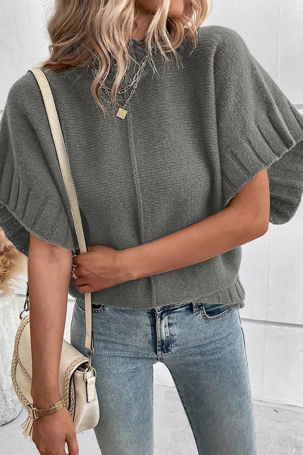 Medium Grey Mock Neck Batwing Short Sleeve Knit Sweater - Chic Meadow Boutique 