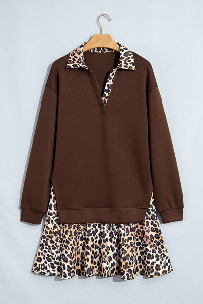 Coffee Leopard Patchwork Collar Long Sleeve Dress