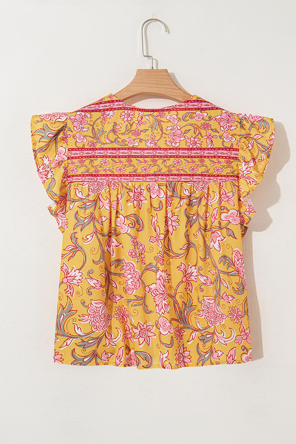 Yellow Floral Notched Neck Ruffled Sleeve Casual Blouse