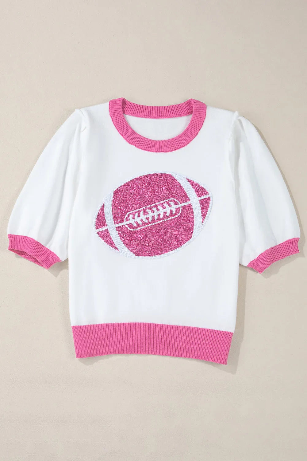 Pink Sequin Rugby Color Block Puff Short Sleeve Sweater - Chic Meadow Boutique 