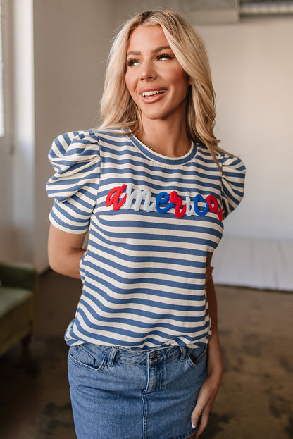 Blue Stripe America Cursive Graphic Puff Sleeve T-shirt