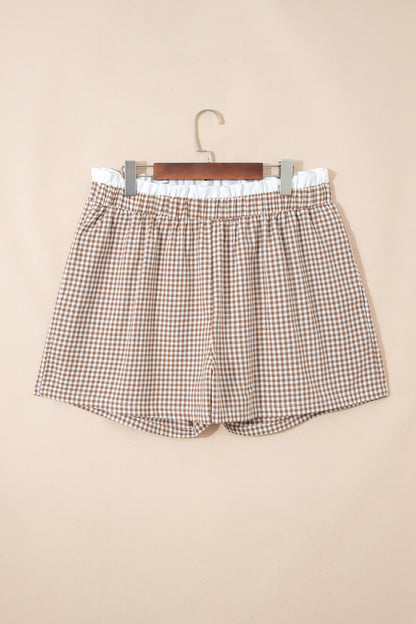 Khaki Contrast Trim Plaid Print Plus Size Shorts