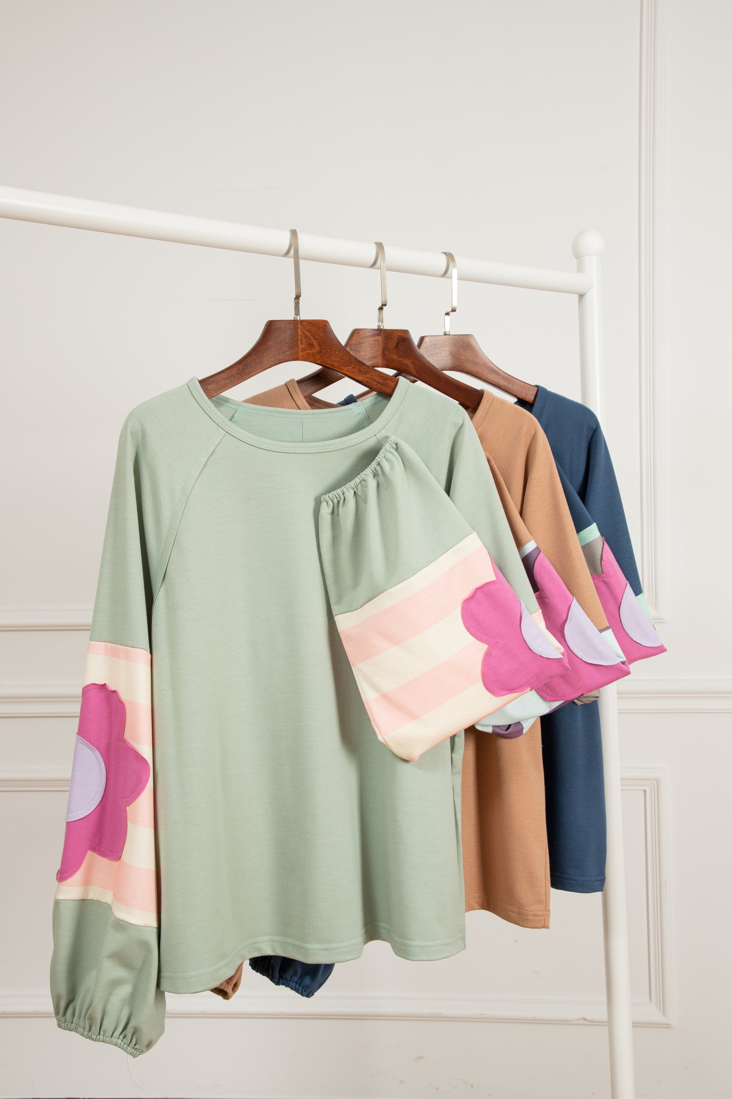 Smoke Green Flower Patchwork Raglan Sleeve Exposed Seam Oversized Top