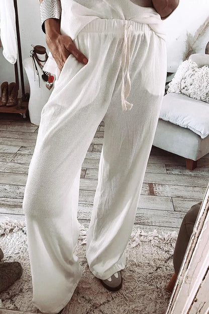 White Textured Long Sleeve T Shirt and Pants Lounge Set - Chic Meadow Boutique 