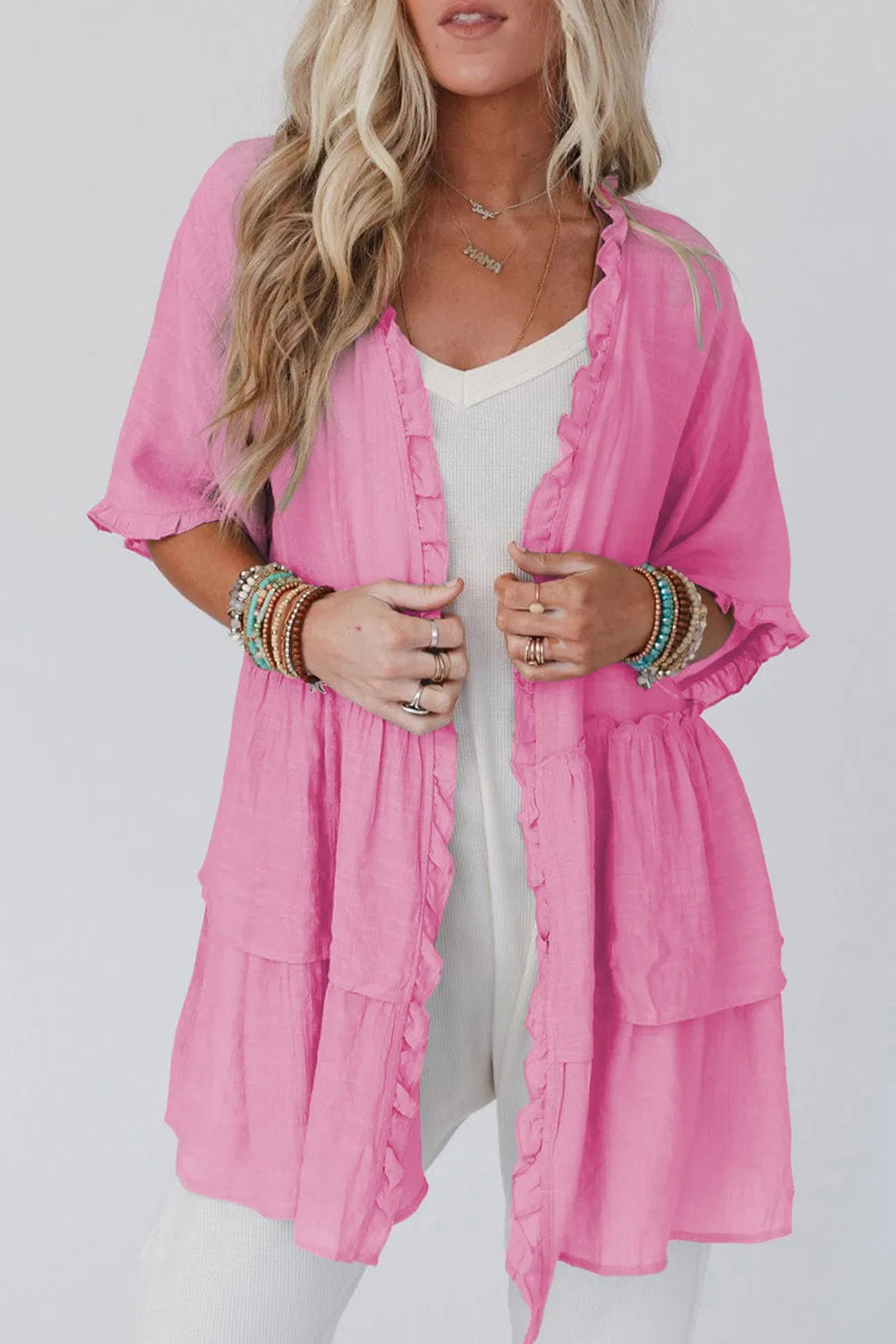 Pink Ruffled Trim Half Sleeve Open Front Kimono - Chic Meadow Boutique 