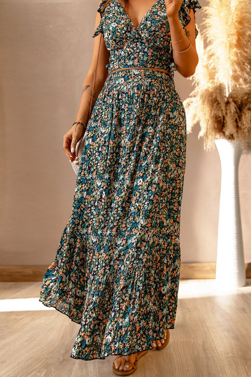 Multicolor Floral Ruffled Crop Top and Maxi Skirt Set - Chic Meadow Boutique 