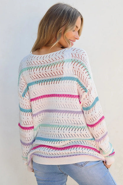 White Striped Hollowed Crochet Loose Fit Sweater - Chic Meadow Boutique 