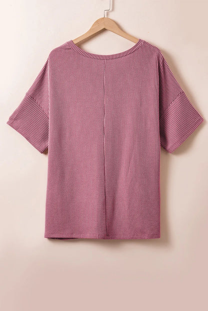 Rose Pink Textured V-Neck Dropped Shoulder Plus T-Shirt - Chic Meadow Boutique 