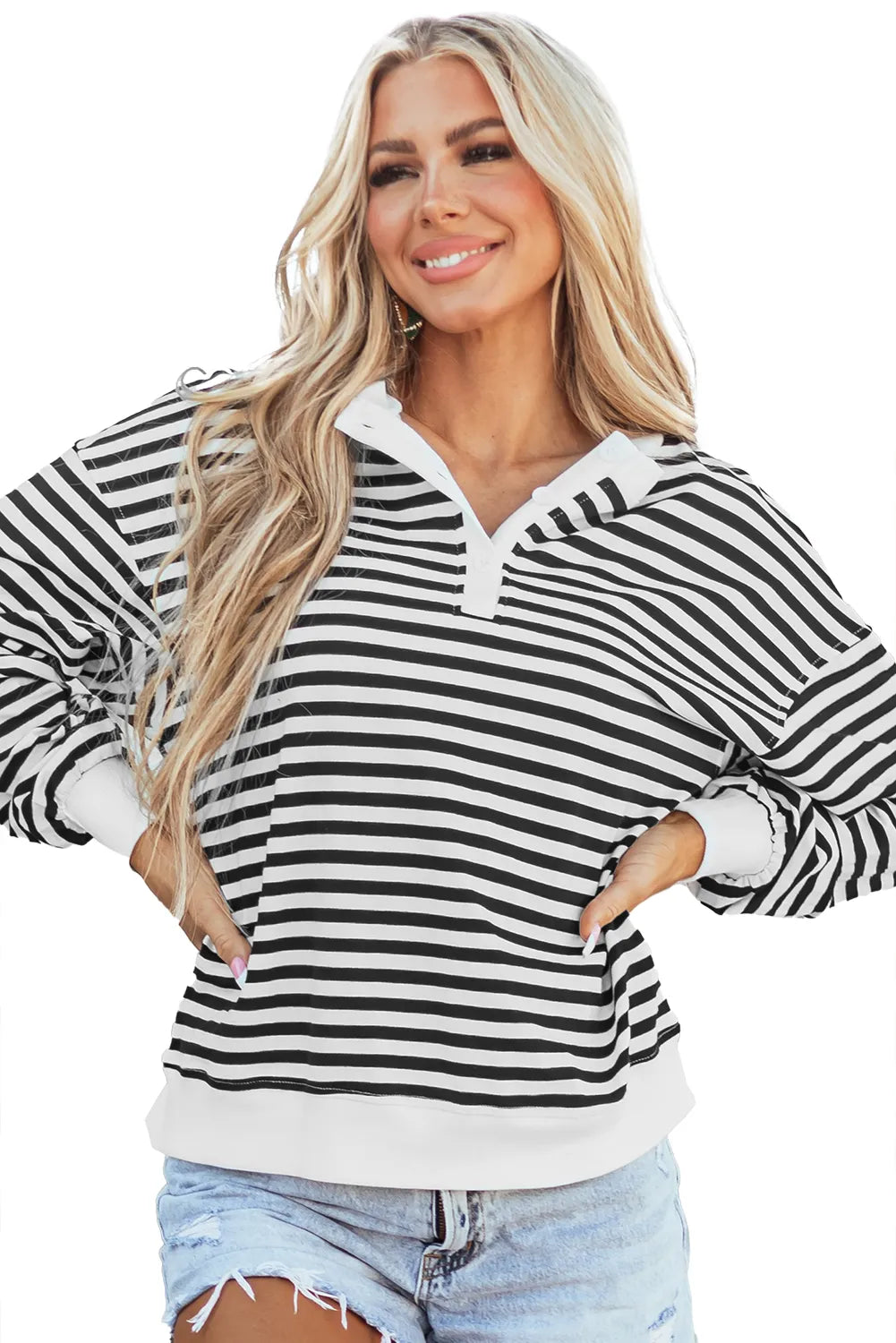 White Stripe Color Block Buttoned Crew Neck Oversized Sweatshirt - Chic Meadow Boutique 