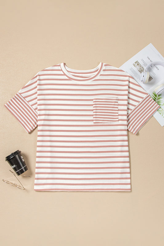 Pink Stripe Waffle Knit Pocketed Half Sleeve Plus Size T Shirt