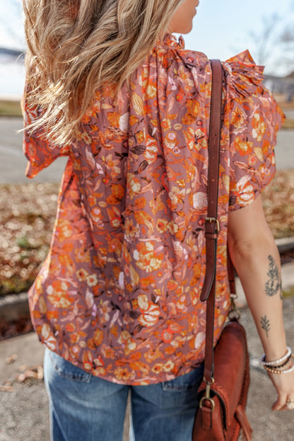 Orange Floral Print Ruffled Flutter Sleeve Frilled V Neck Blouse