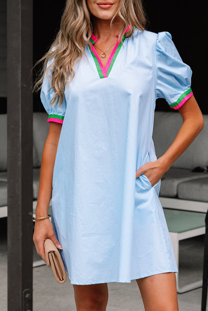 Myosotis Contrast Striped Notched V Neck Puff Sleeve Mini Dress