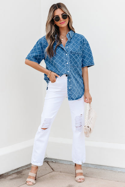 Dusk Blue Checkered Textured Short Sleeve Patched Pocket Denim Shirt