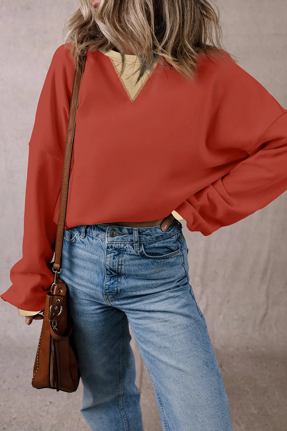 Red Clay Color Block Patch Drop Shoulder Oversized Sweatshirt - Chic Meadow Boutique 