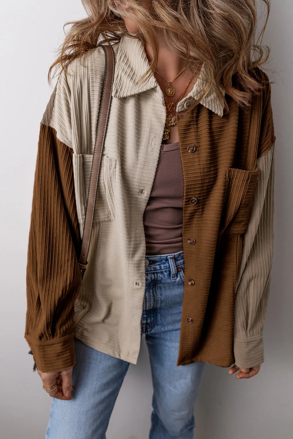 Brown Color Block Chest Pockets Buttoned Corduroy Shacket - Chic Meadow Boutique 