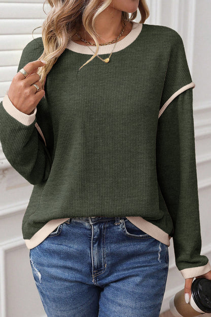 Four Leaf Clover Contrast Color Trim Knit Drop Shoulder Loose Top