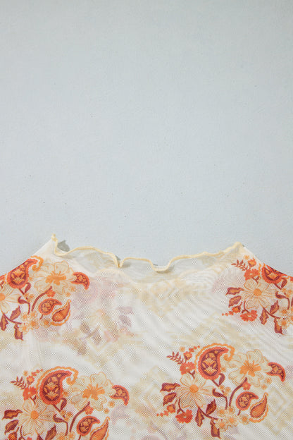 Apricot Floral Print Slim Fit Mesh Long Sleeve Mock Neck Top