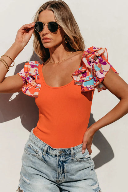 Orange Ribbed Knit Tiered Ruffled Sleeve Bodysuit - Chic Meadow Boutique 