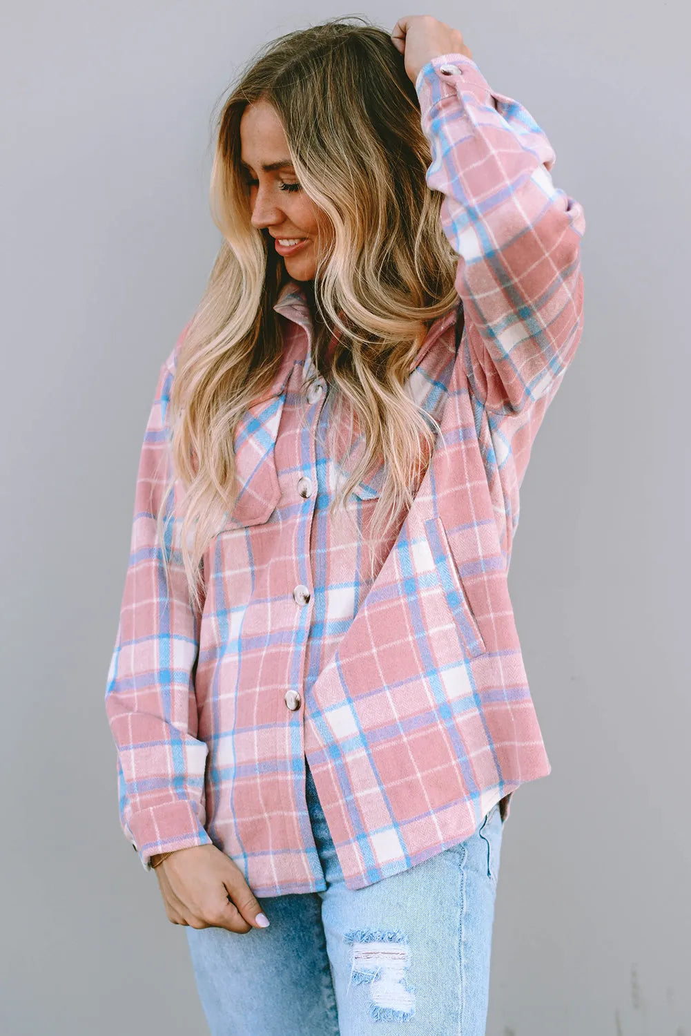 Pink Plaid Flap Pocket Flannel Shacket - Chic Meadow Boutique 