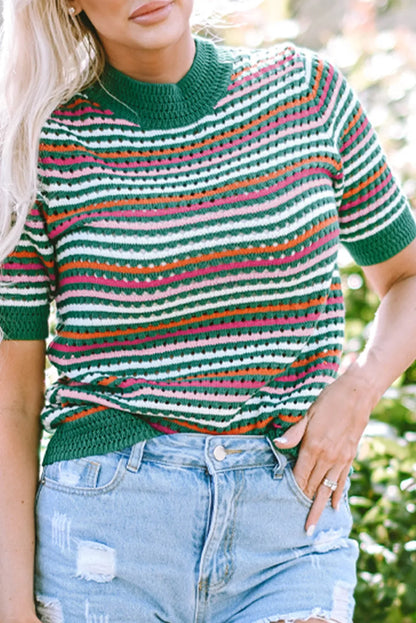 Dark Green Striped Pattern Contrast Trim Pointelle Knit T Shirt - Chic Meadow Boutique 