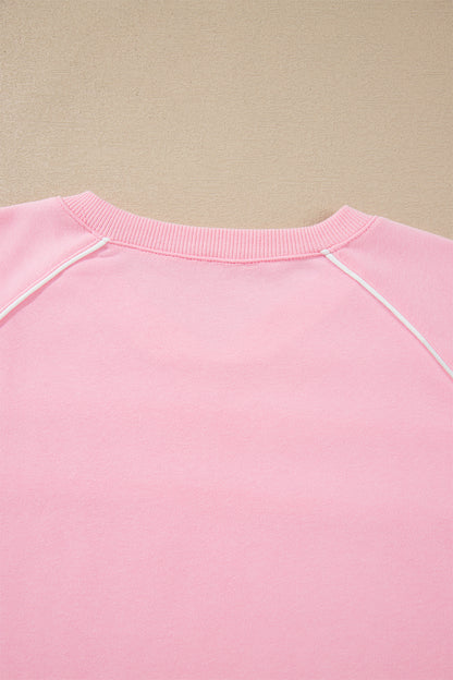 Pink Piping Trim Long Sporty Pullover Drawstring Elastic Waist Shorts Set