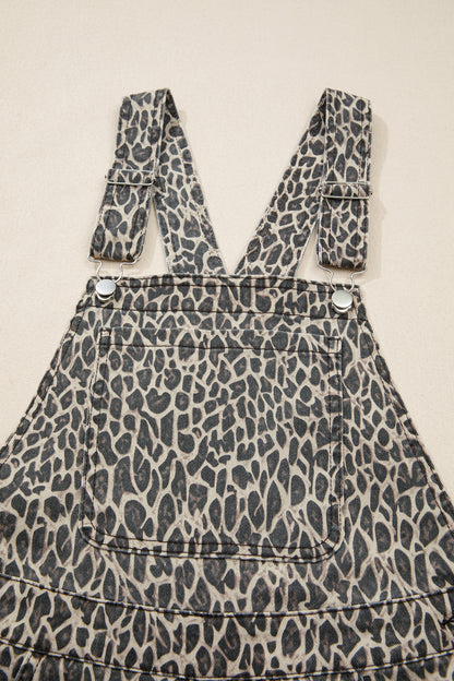 Brown Leopard Print Straight Leg Loose Denim Overall Jumpsuit