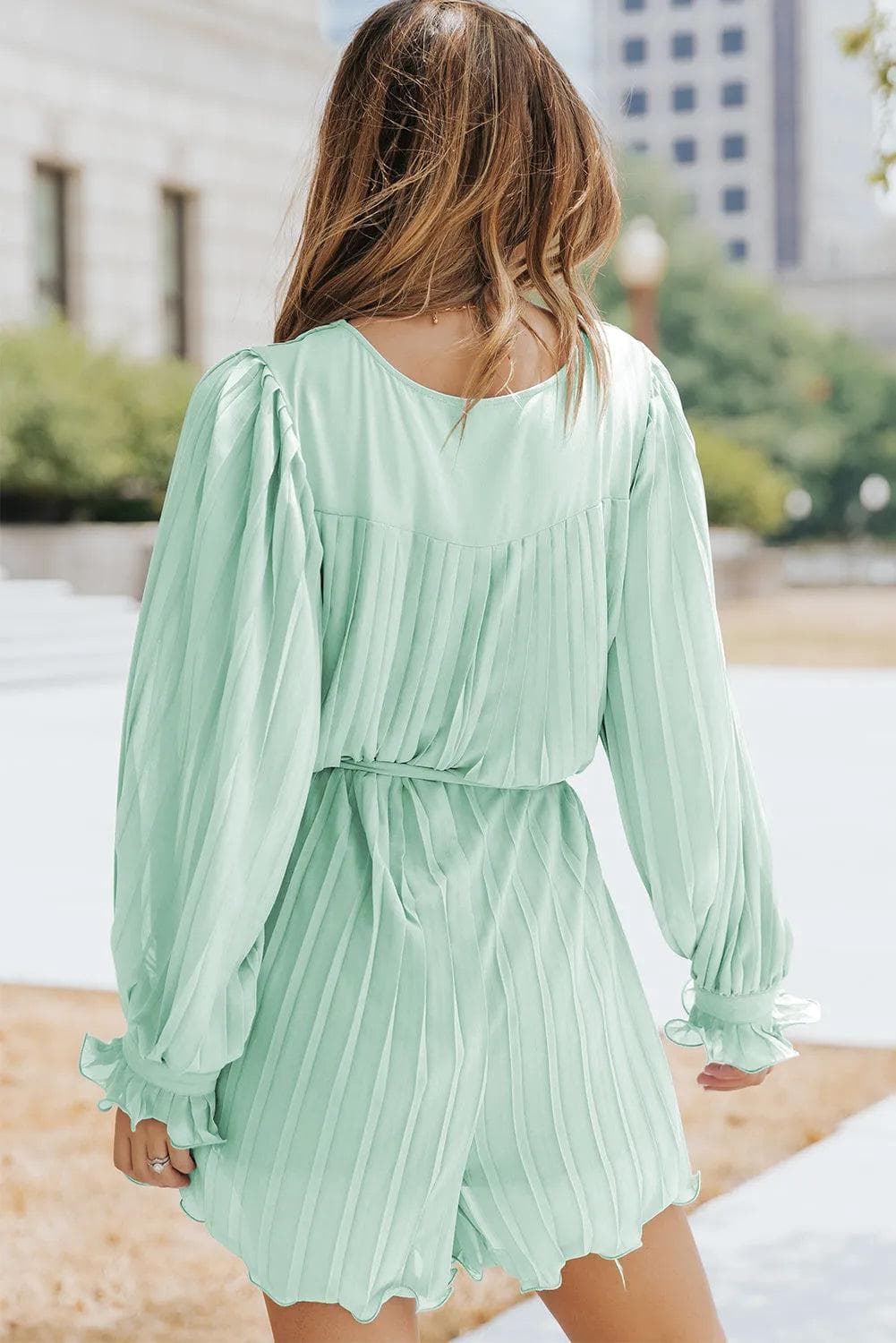 Bottoms/Jumpsuits & Rompers Green Pleated Ruffled Tie Waist Buttons V Neck Romper