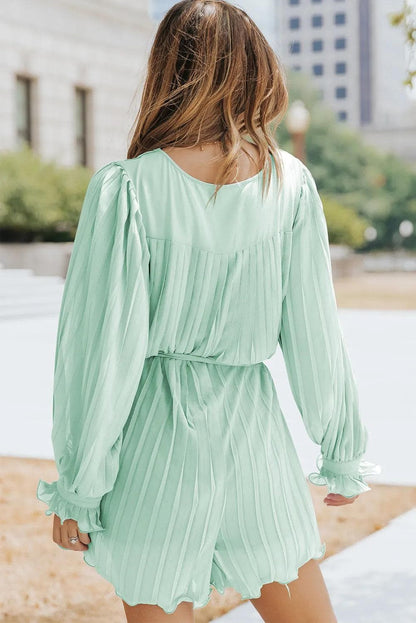 Bottoms/Jumpsuits & Rompers Green Pleated Ruffled Tie Waist Buttons V Neck Romper