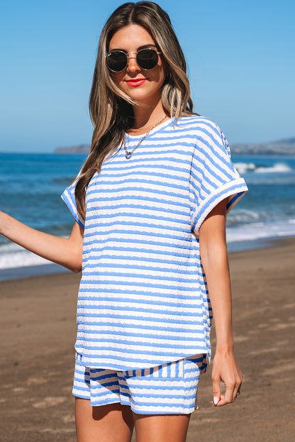 Sky Blue Stripe Knitted Short Sleeve Top and Drawstring Shorts Set