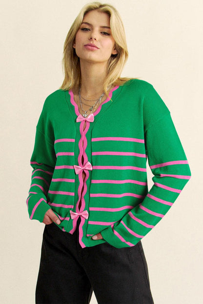 Sweaters & Cardigans/Cardigans Green Stripe Ribbon Cute Bow Detail Sweater Knit Cardigan