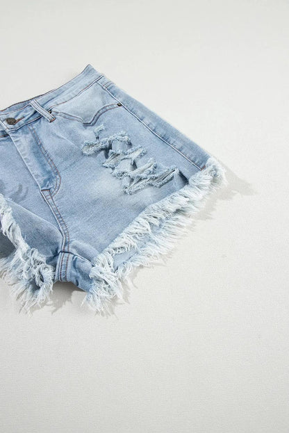 Bottoms/Denim Shorts Light Blue Distressed Ripped Raw Hem High Waist Denim Shorts