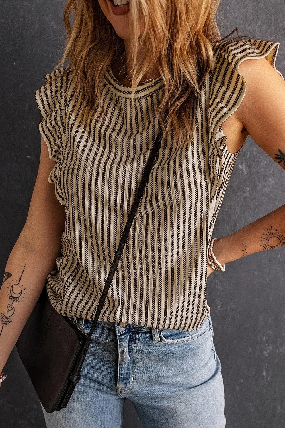 Tops/Tank Tops Khaki Striped Crew Neck Ruffled Tank Top